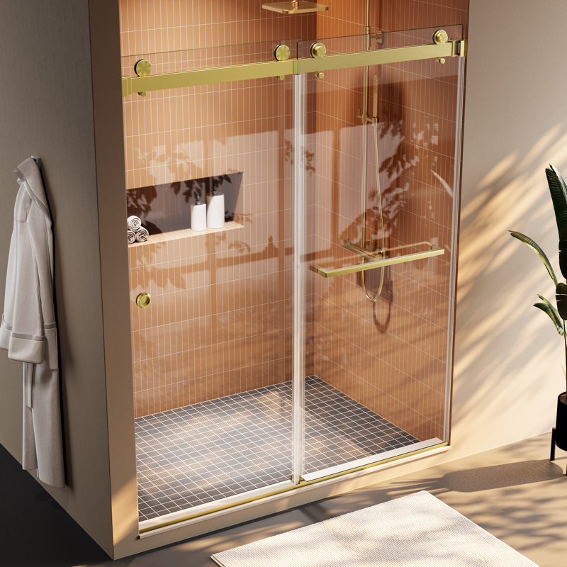 Porte de douche coulissante double sans cadre l 55 à 59 po x H 72 po | Verre trempé à onde lumineuse certifiée 8mm mm par la CCGM | Installation réversible | Quincaillerie en acier inoxydable brossé doré