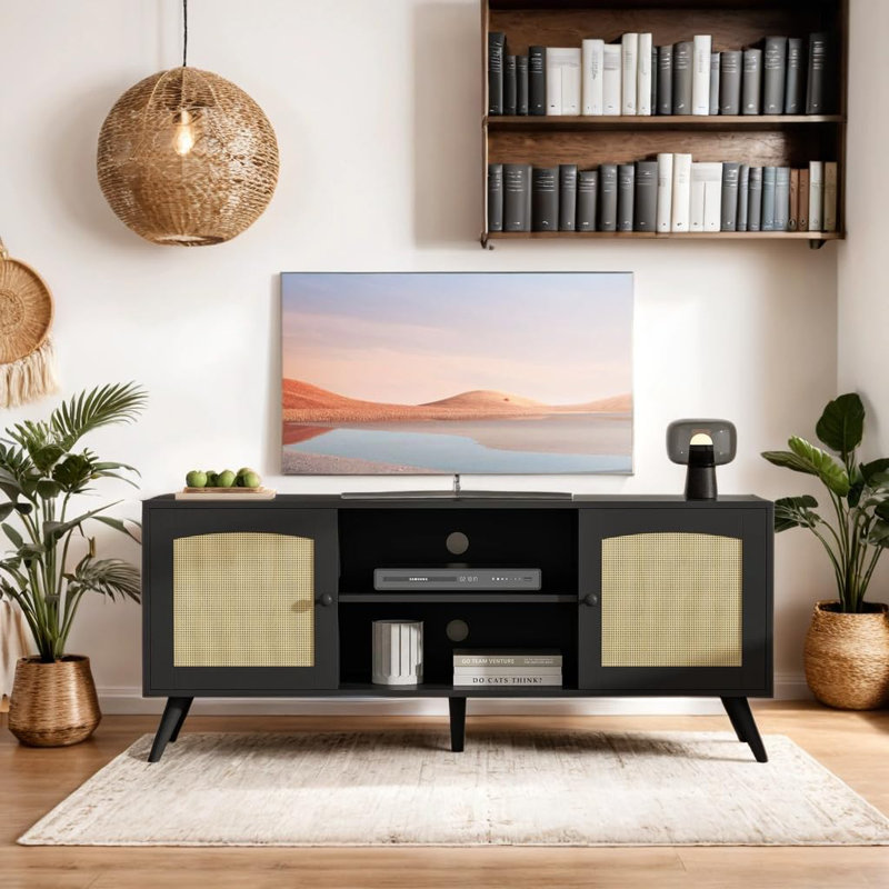 TV Stand For 60 Inch TV, Wooden Mid Century Modern Entertainment Center With Natural Rattan Door, Boho Media TV Console For Living Room,(Black)