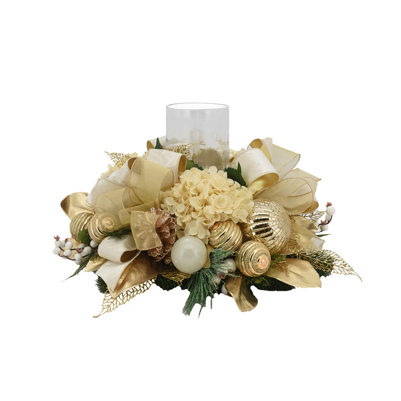 Glass Vase Centerpiece With Hydrangeas, Balls, Pinecones, Berries And Bows