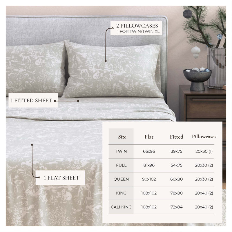 Ensemble de draps 100% flanelle de coton, Ensemble de draps pour grand lit avec 2 taies d'or, Créatures de contes de fées