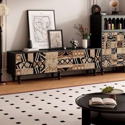 Pine Wood TV Stand with 4 Storage Cabinets
