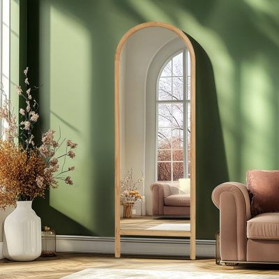 Natural Pine Wood Arch Full-Length Mirror - Elegant Wall-Leaning Or Wall-Mounted Design