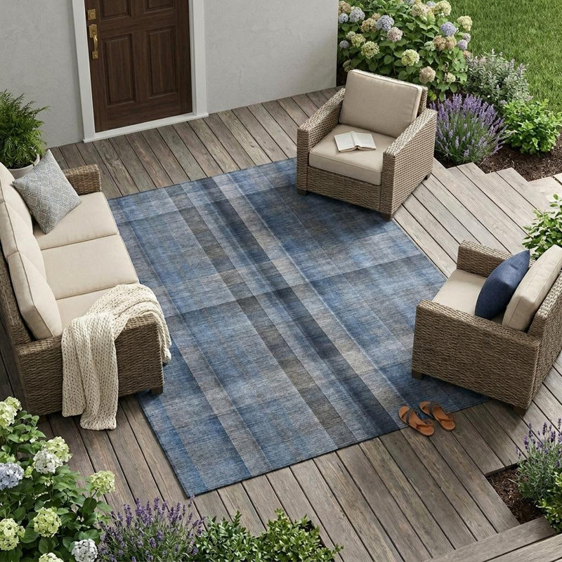 Tapis extérieur lavable antidérapant à carreaux bleu 10 pi x 14 pi