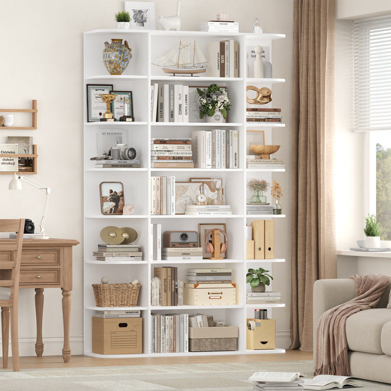 84.7"H X 47.2"W 7-Tier Standard Wood Curved Storage Bookcase, White