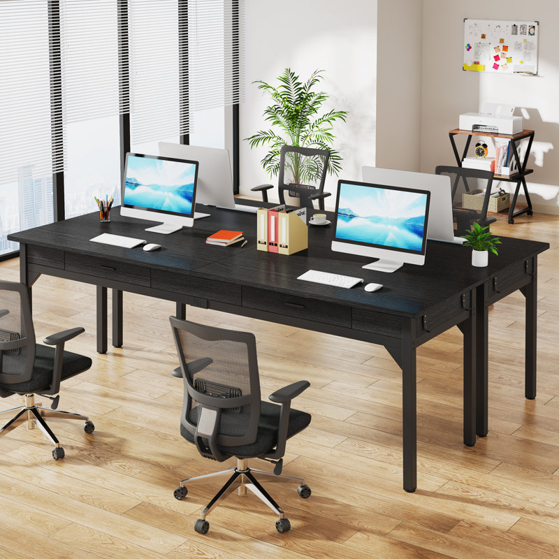 Black Engineered Wood Double Desk with Drawers