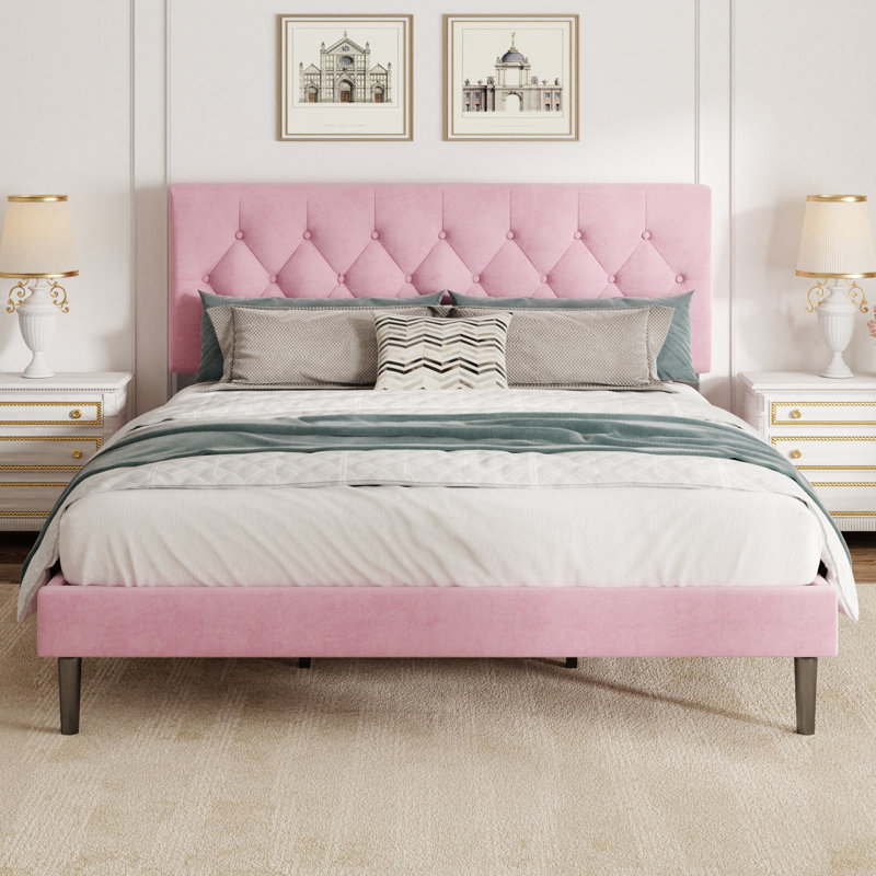 Upholstered Bed Frame with Headboard, Strong Wood Slat Support, King, Pink