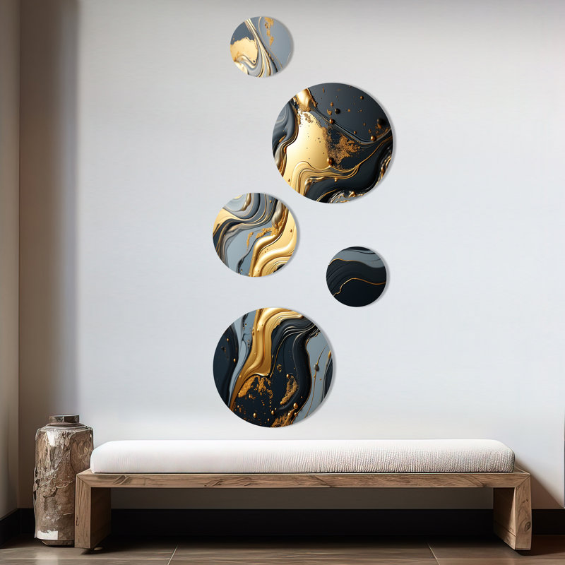 Volcans dorés et gris Fusion I - ensemble d'art mural rond en marbre de 5