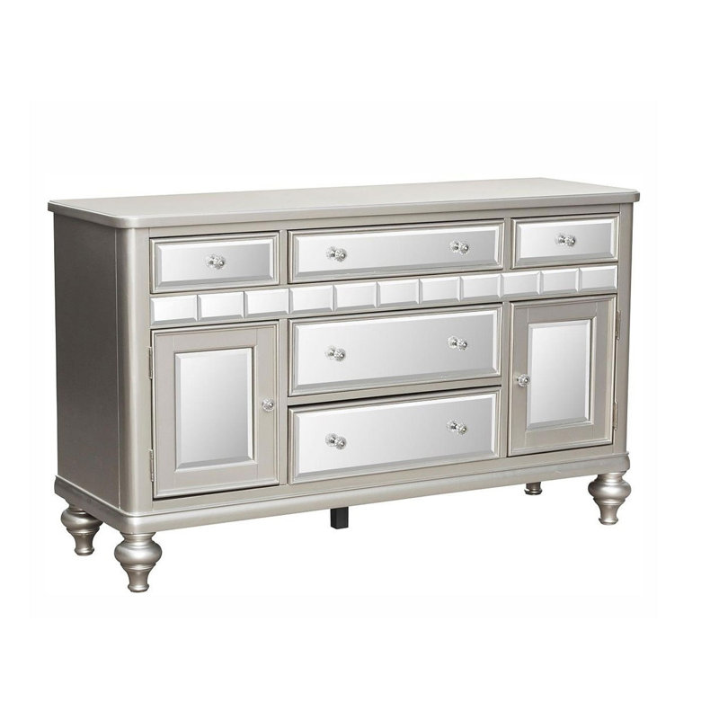 Buffet console Jomo, façade miroir, 5 tiroirs argent, 57 pouces