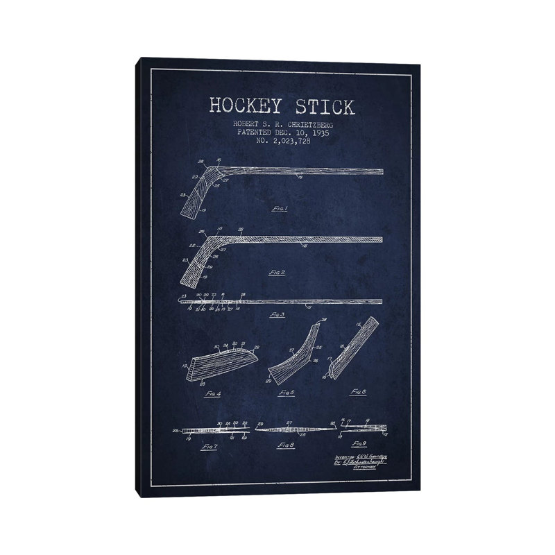 Hockey sur bâton bleu marine, brevet bleu - giclée sur toile tendue avec châssis, H 18 po x l 12 po
