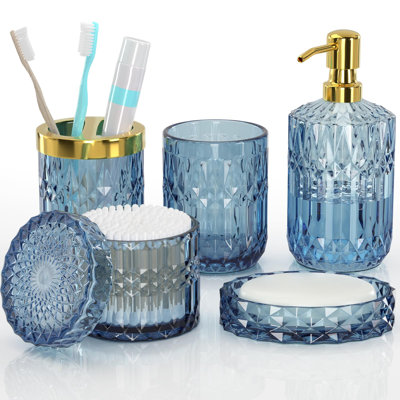 Ensemble d'accessoires de salle de bain, 5 pièces d'accessoires de salle de bain en verre transparent avec distributeur de savon à lotion, porte-savon, porte-brosse à dents, gobelet de salle de bain, pots en coton-tige, parfait pour cadeau de thème de