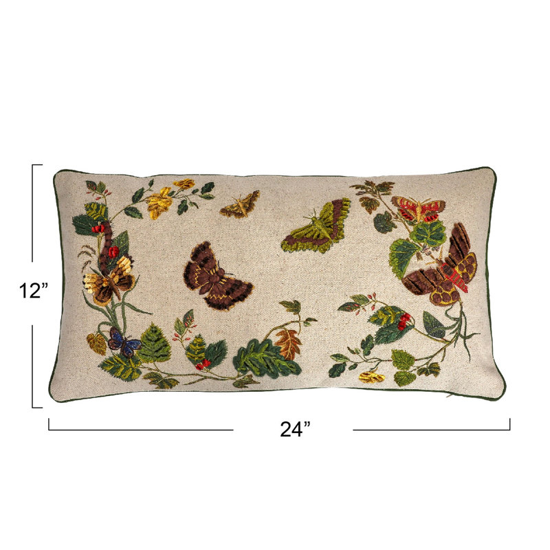 Embroidered Butterfly and Flower Lumbar Pillow with Piping