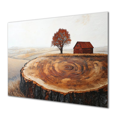 Automne, grange sur une diapositive en bois, paysage I - reproduction d'art traditionnelle en métal, décoration murale grange en métal
