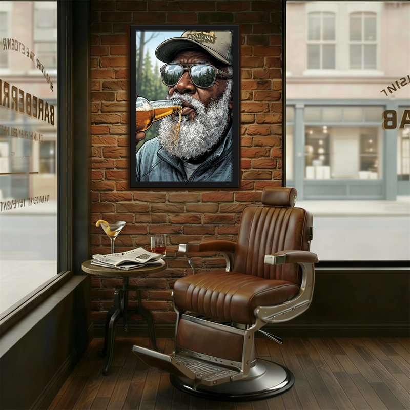 Homme à la mode buvant de la bière avec barbe et chapeau, H 18 po x l 12 po