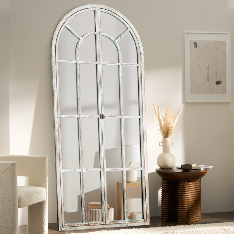 71"×31" Arch Wood Full Length Wall Mirror with Window Pane Frame, Weathered White