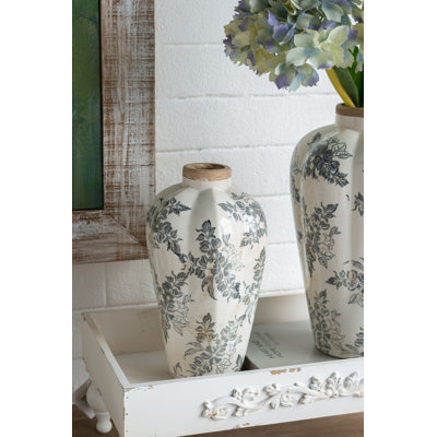Vase d'appoint en céramique 6,7 x 6,7 x 11,5 po avec motif floral gris