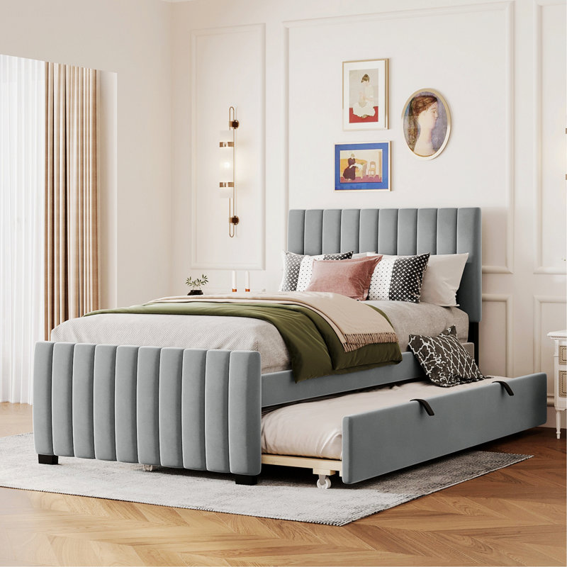 Stylish Bed For Apartment, Guest Room, Bed Frame Upholstered Platform Bed With  Trundle
