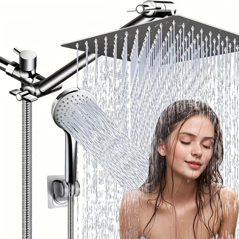 Pomme de douche combinée pomme de douche à pluie haute pression 10 pouces avec bras d'extension réglable de 11 pouces et pomme de douche à main à 3 réglages avec tuyau long