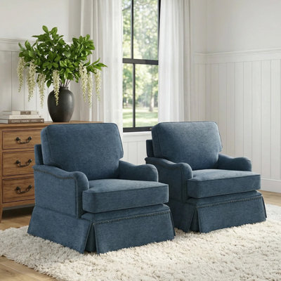 Upholstered Navy Skirted Swivel Accent Arm Chair with Nailhead Trim (Set of 2)