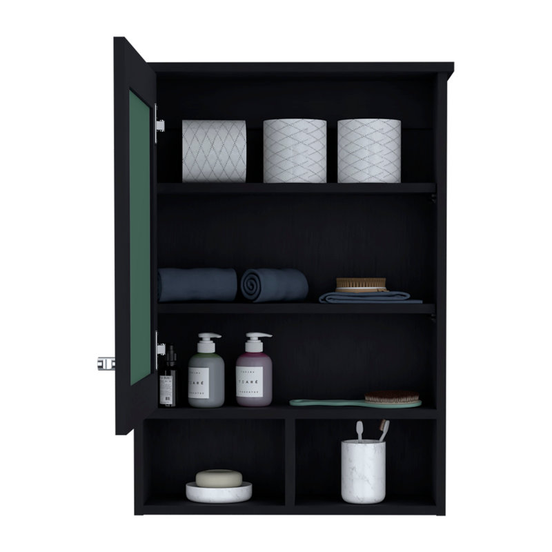 Bathroom Mirror Cabinet with Three Hidden Shelves and Two Open Shelves, Black