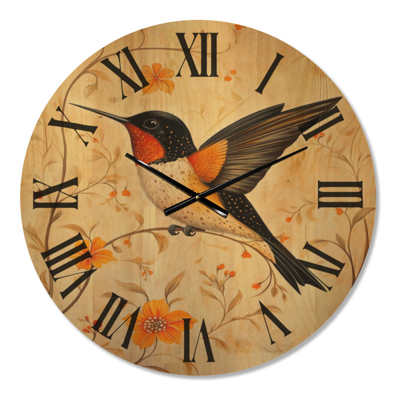 Horloge murale surdimensionnée en bois crème de style bohème avec colibri Folk Garden, Grand