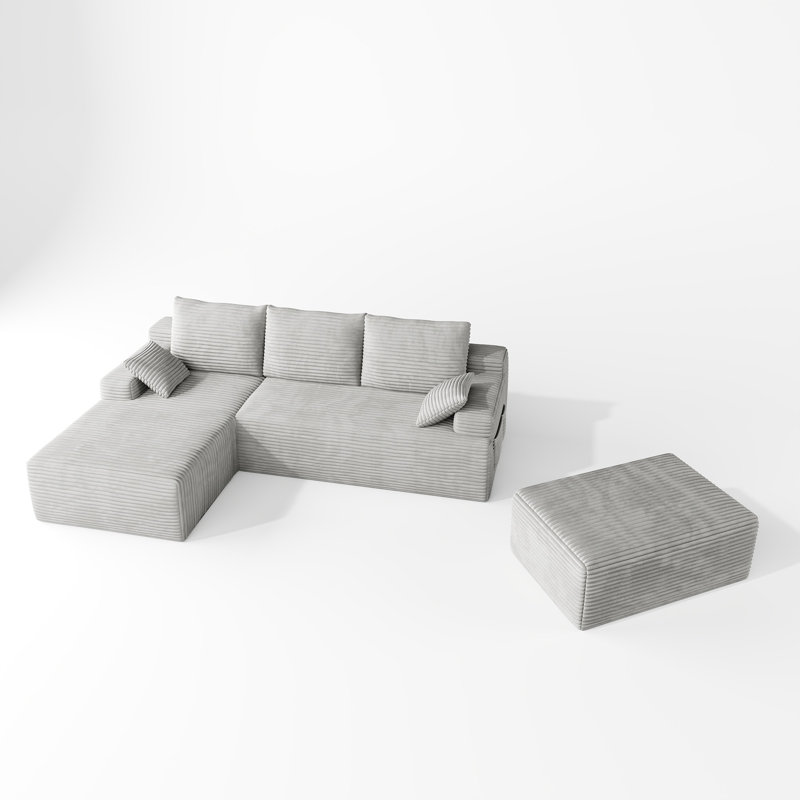 3-piece 104" Corduroy L-shaped Sofa & Ottoman, [upgraded High-density Foam] Modular Sectional, No Assembly, Gray