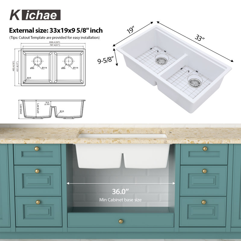 33"L x 19"W Quartz 50/50 Double Bowl Low-Divider Kitchen Sink, White Granite Composite Undermount Workstation Kitchen Sink with Accessories
