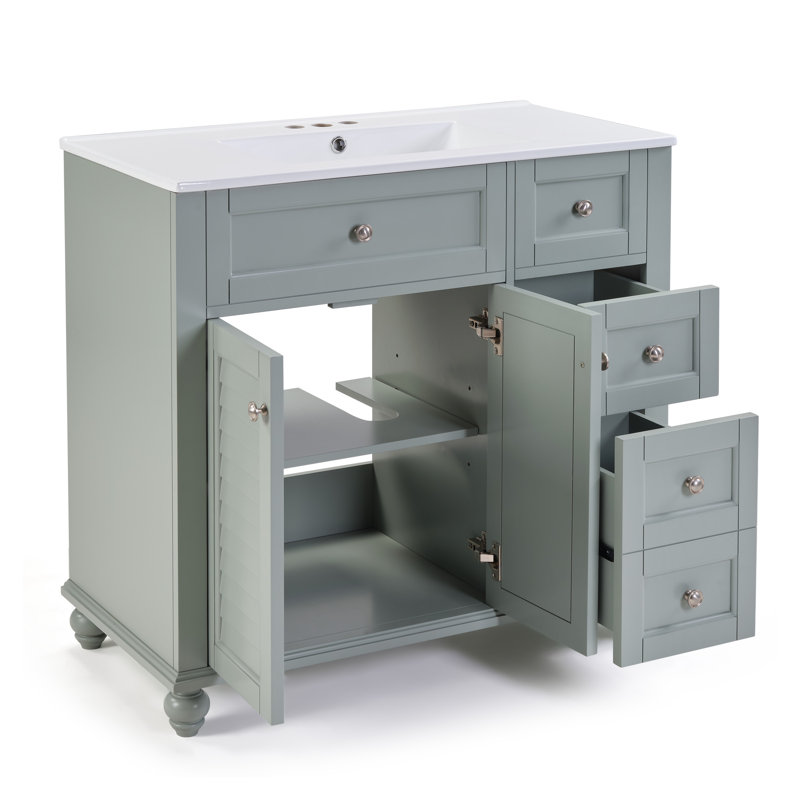 Meuble-lavabo bleu gris 36 po avec lavabo en céramique - Structure en bois massif et tiroirs à fermeture en douceur pour un rangement moderne