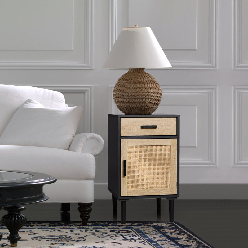 Cirsten Tall Nightstands Set Of 2, End Table, Side Table With Drawer And Shelf, Hand Made Rattan Decorated Doors, Wood Accent Table With Storage For Bedroom, 2 Pack