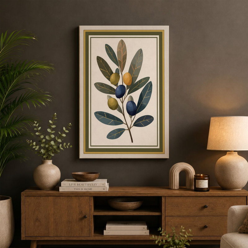 Botanica with Berries Botanical - Wrapped Canvas, 30x20 - 76.2 x 50.8 cm, Teal Border