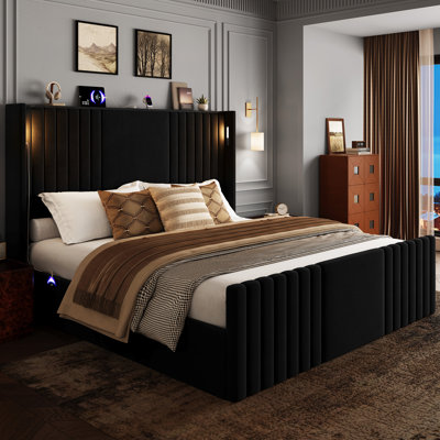 Velvet Upholstered Wingback Platform Bed