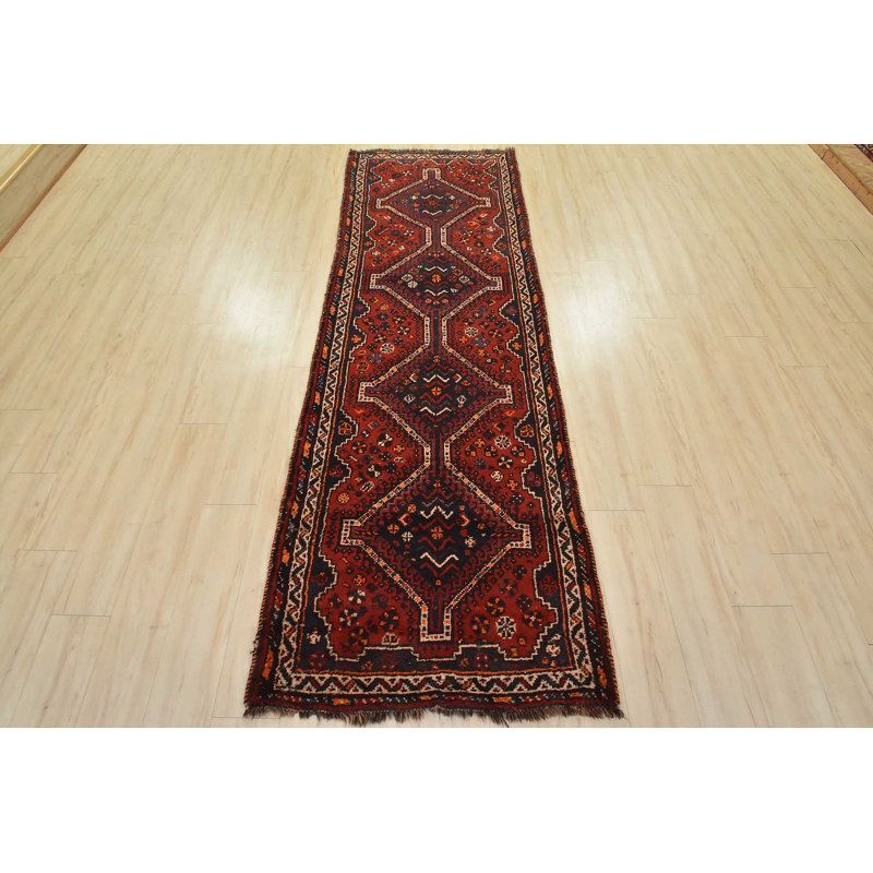 Tapis rouge rétro en laine noué à la main 3 pi 4 po x 9 pi 7 po Tribal Vintage