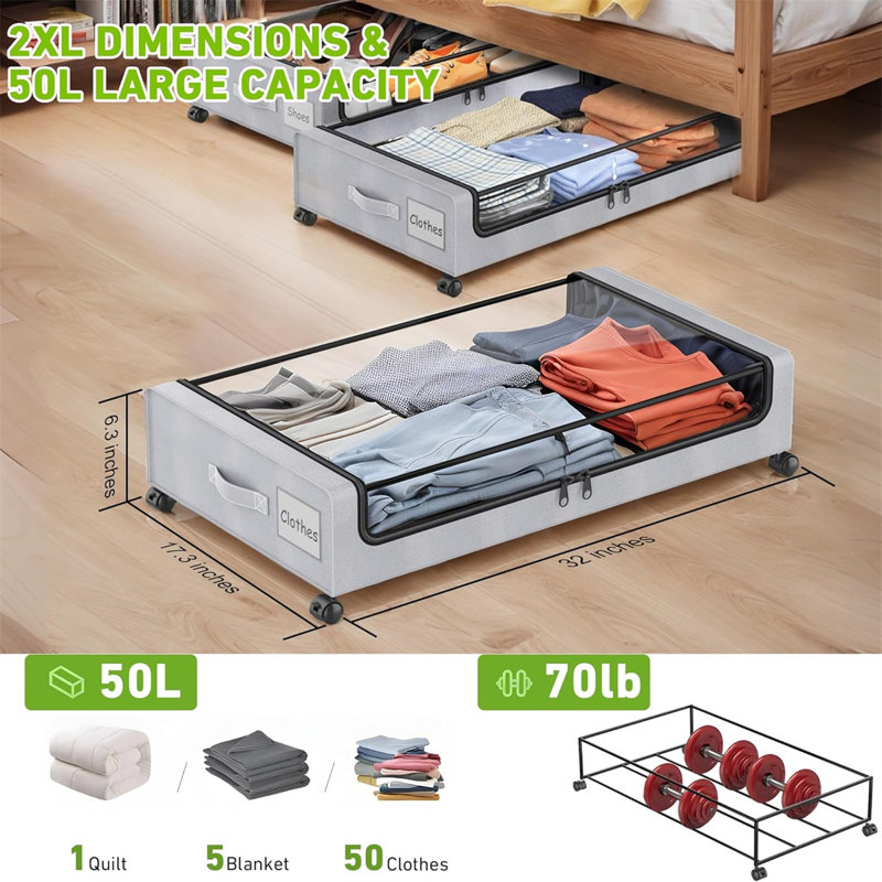 Under Bed Storage With Wheels, 2Pack Under Bed Storage Containers,Under Bed Shoe Storage Organizer With Clear Window&Label