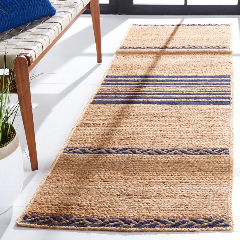 Koriana Natural Fiber Hand Loomed Jute/Cotton Striped Rug in Natural/Navy, Runner 2'3" x 8'