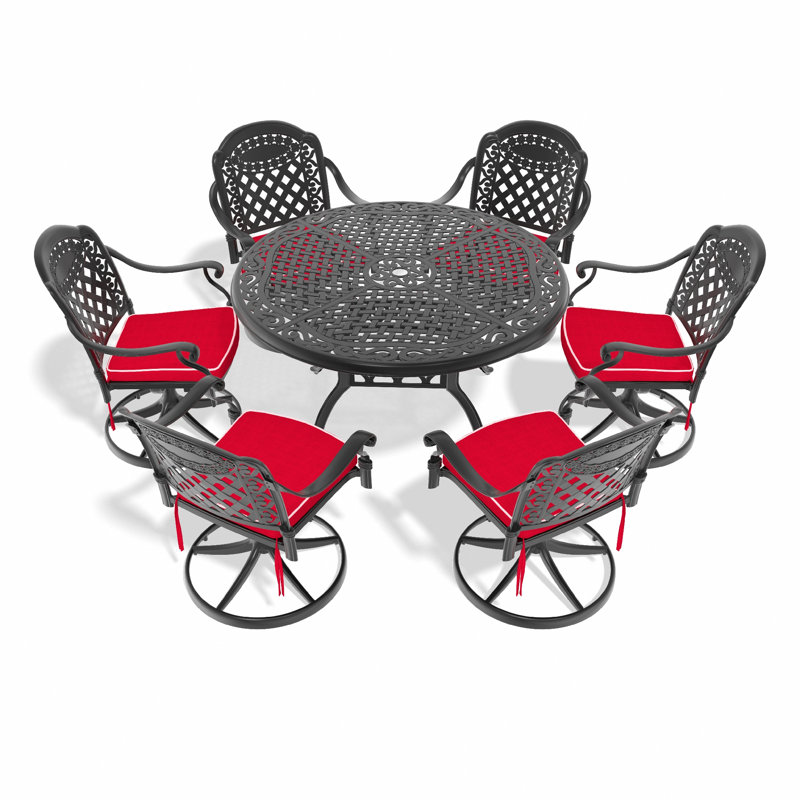 Ensemble de salle à manger 7 pièces en fonte d'aluminium toutes saisons, comprenant 6 chaises pivotantes et une table ronde de 48,03 po avec structure noire