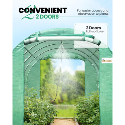 KING BIRD Upgraded 15x6.6x6.6FT Large Walk-in Greenhouse w/ Irrigation Watering Kit, 2 Zippered Screen Doors 6 Screen Windows, Green