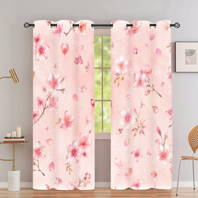 2Pcs Watercolor Cherry Blossom Floral Print Grommet Blackout Curtains, Soft Blooming Sakura Pattern, Thermal Insulated, Noise Reducing & Privacy Protection, Decorative Stylish Indoor Home Decor for Bedroom, Living Room, Dormitory