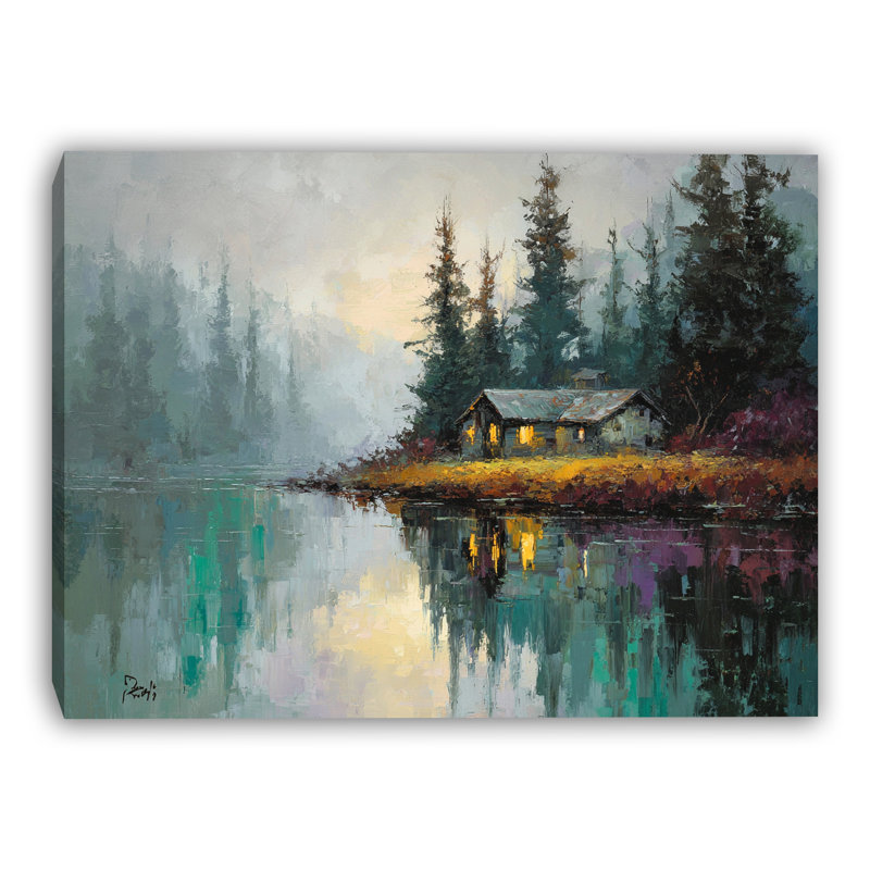 Art mural sur toile Misty Lakeside Retreat, H 36 po x l 48 po