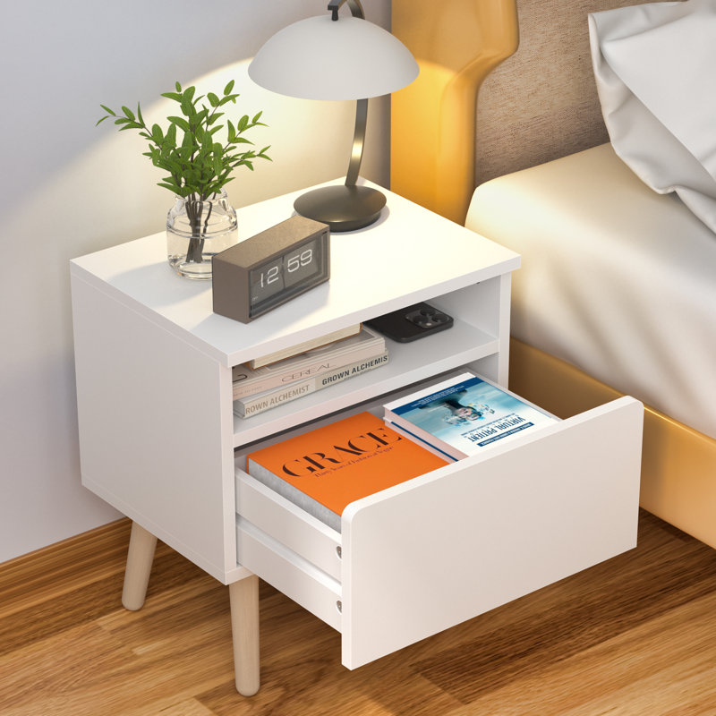 Modern Single Drawer Nightstand,Vintage Bedside Table, White, Individual