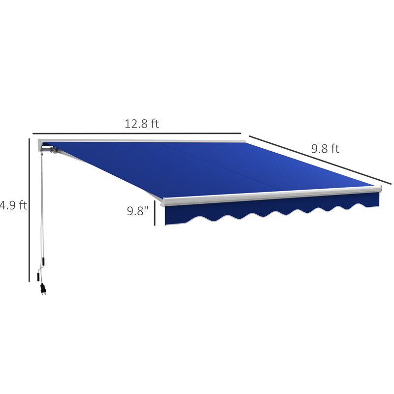 Electric Awning 13' X 10', Blue. Uv40+ Sun Shelter With Led Lights. Retractable For Patio, Balcony, Yard. Controlled By Remote & Crank, 45 - 85° Adjustable 10' From Lights, Yard, Deck, Blue, Crank