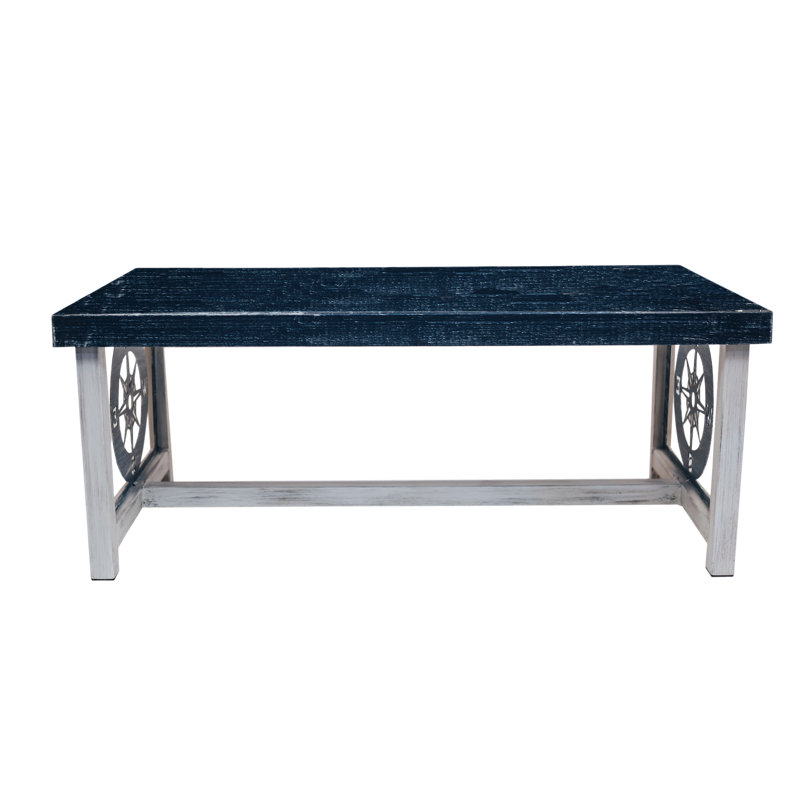 WEATHERED NAVY COMPASS TABLE SET.  1- Rectangle Sofa Table, 1- Rectangle Coffee Table, 2- Square Iron End Tables
