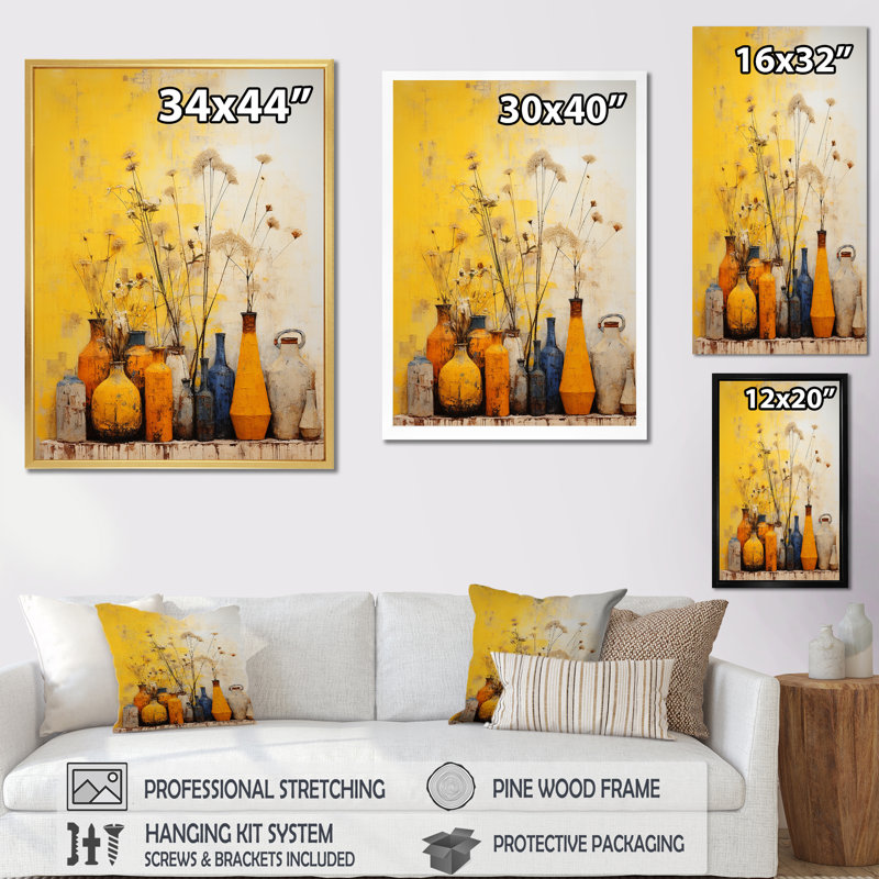 Minimalisme - poteries jaunes I - impression, H 40 po x l 30 po x P 1,5 po, Cadre simple blanc