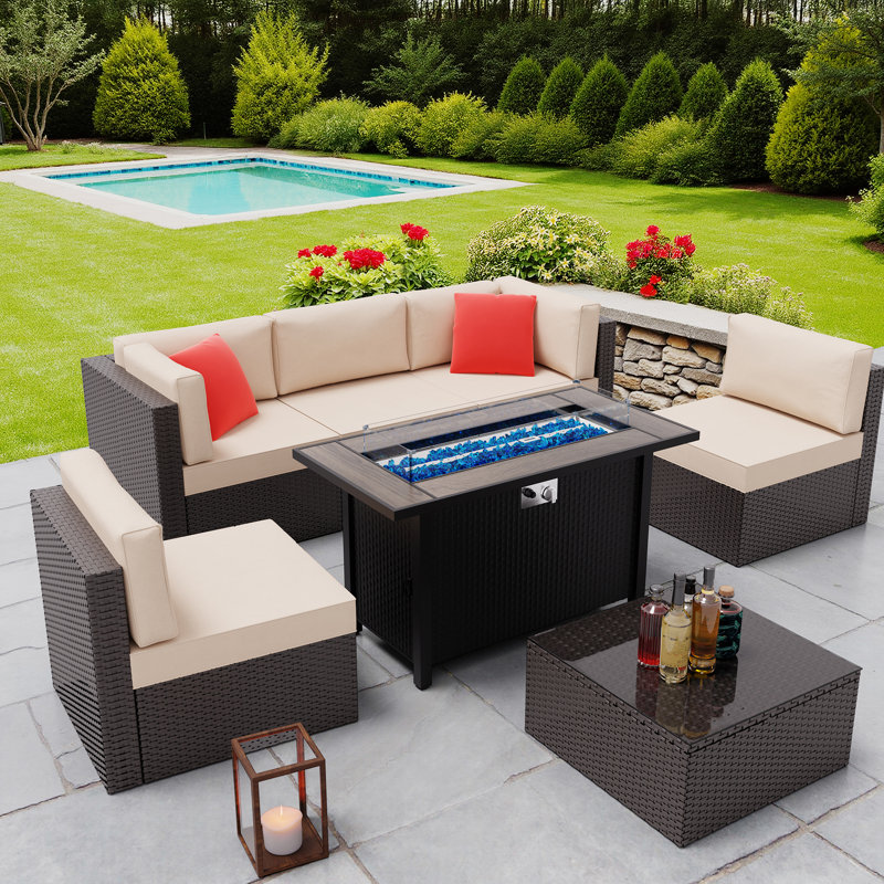 7 Piece Sectional Seating Group With Cushions, Beige