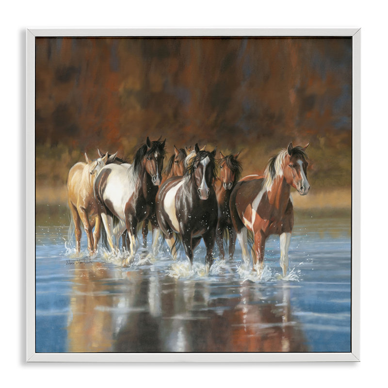 Rivière et chevaux, art de paysage par Victoria Schultz, H 12 po x l 12 po, Giclée encadrée blanc bord de mer