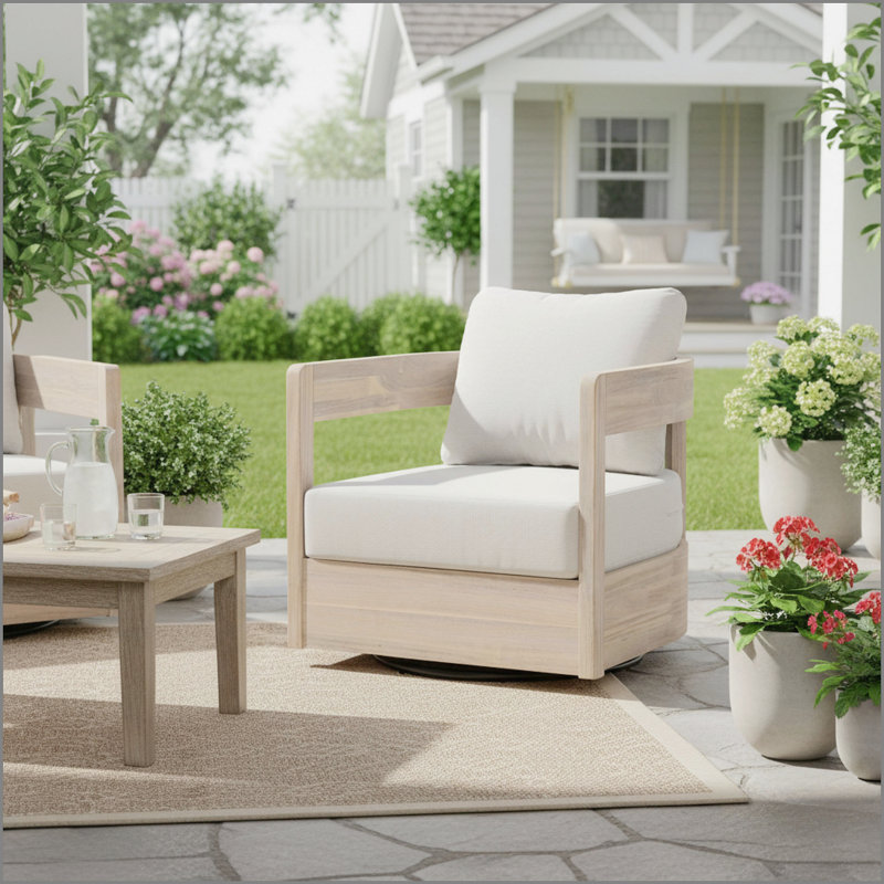 Fauteuil club pivotant en bois Telluride, finition blanc clair avec coussin beige, Blanc clair