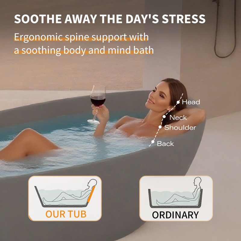65" Luxury Handcrafted Stone Resin Freestanding Soaking Bathtub with Overflow and Pop-up Drain, Matte Gray