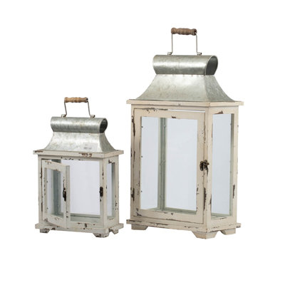 White Wooden and Glass Hurricane Candle Lantern Decor, Set of 2