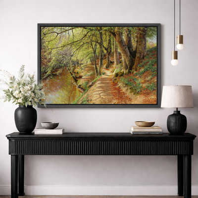 Woodland River Path Landscape Artwork, Sunlit Forest Nature Office Pictures, Framed Canvas Giclee Print Wall Art.