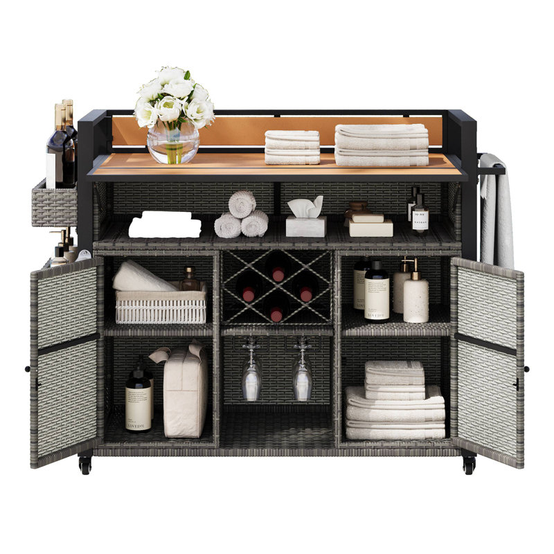 K&K 52.8"W Wicker Outdoor Grill Cart With Extended Plastic Wood Table Top, Rolling Kitchen Island On Wheels With Storage Cabinet, For Patio Backyard Garden Poolside, Double Handle Design, Grey