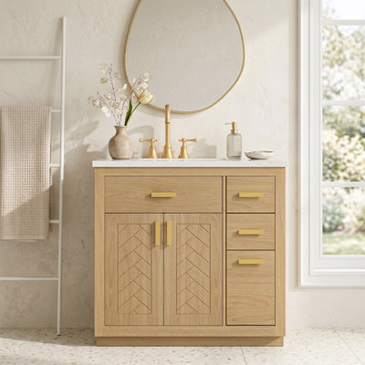 Meuble-lavabo de 36 po avec plateau en marbre artificiel, tablette de rangement rabattable, 3 tiroirs, tablette intérieure réglable et charnières DTC à fermeture en douceur - poignées en laiton, armoire à 2 portes