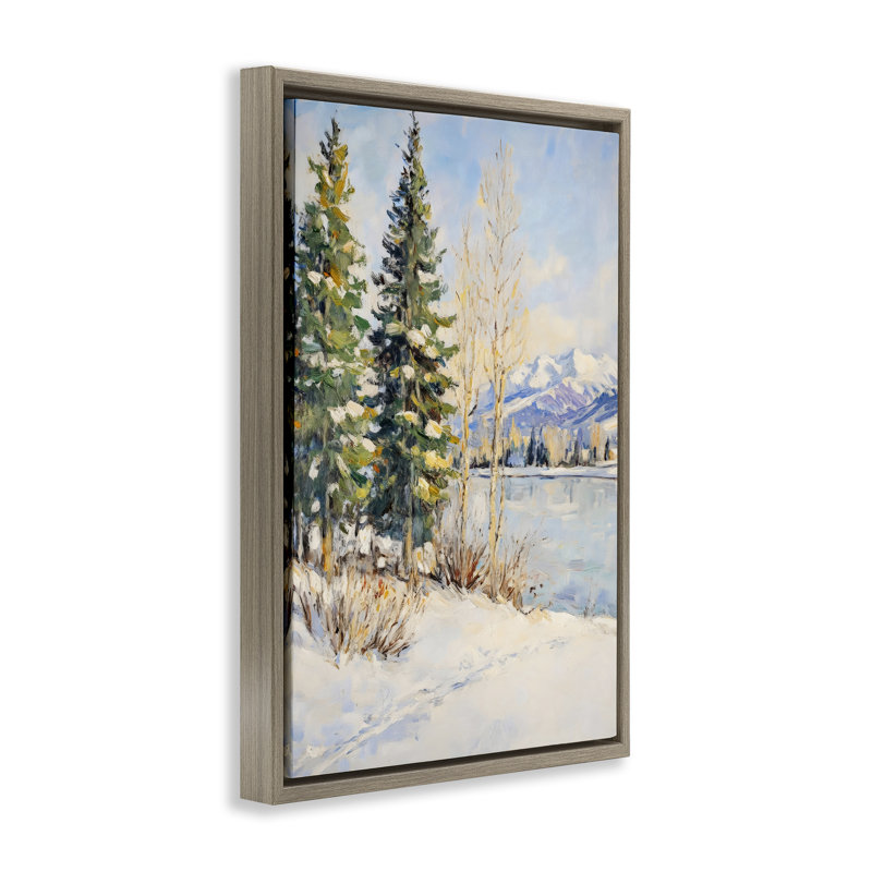 Cadre flottant Snowy Winter Lakeside, design par Petal Prints Design, H 31 po x l 21 po, Cadre flottant orme Montalcino